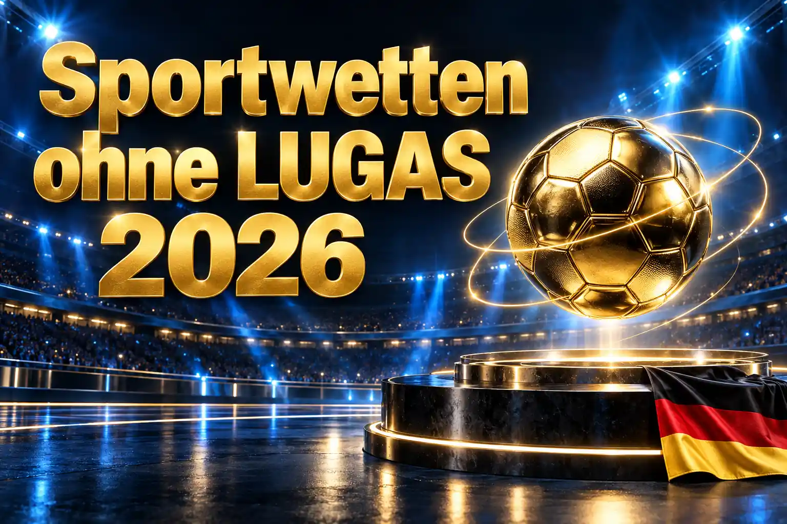 Sportwetten ohne LUGAS 2026 – goldene Typografie und schwebender goldener Fußball über einem Podest mit deutscher Flagge im blau beleuchteten Stadion