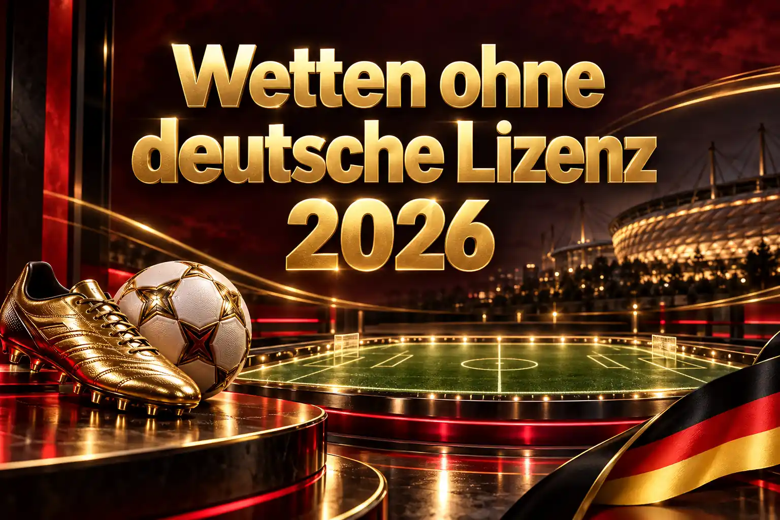 Wetten ohne deutsche Lizenz 2026 – goldener Schriftzug über einem beleuchteten Fußballfeld mit goldenem Fußballschuh, Ball und deutscher Flagge
